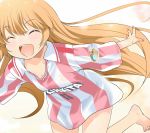  barefoot blonde_hair child closed_eyes fangs fingernails happy highres inoue_sora inukai_midori long_hair mai_ball! naked_shirt no_pants open_mouth outstretched_arms oversized_clothes shirt short_sleeves smile soccer_uniform sportswear striped vertical_stripes very_long_hair 