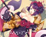  black_hair black_kimono blue_eyes breasts fate/grand_order fate_(series) flower hair_flower hair_ornament hairpin japanese_clothes katsushika_hokusai_(fate/grand_order) kimono kubyou_azami looking_at_viewer medium_breasts obi octopus paintbrush sash short_hair solo tokitarou_(fate/grand_order) 