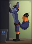  2018 anthro black_hair black_nose blue_fur boxer_briefs boxers_(clothing) canine clothed clothing fennec fox fur gloves_(marking) hair hi_res male mammal markings multicolored_fur orange_fur penis penis_tip server sidnithefox simple_background solo stack_(character) standing tongue tongue_out topless underwear underwear_pull 