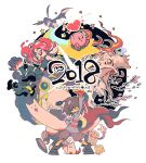  amaterasu androgynous animal annoying_dog asymmetrical_clothes black_shirt bodypaint boots chara_(undertale) crop_top crossover domu_(hamadura) fire flowey_(undertale) frisk_(undertale) heart kirby kirby_(series) lesser_dog looking_at_viewer magatama meta_knight mettaton midriff miniskirt monster_boy multiple_crossover nintendo octarian octoling ookami_(game) papyrus_(undertale) pink_hair pointy_ears sans shield shirt simple_background skeleton skirt smile splatoon_(series) splatoon_2 splatoon_2:_octo_expansion squidbeak_splatoon striped striped_shirt striped_sweater super_smash_bros. sweater tentacle_hair translated undertale undyne wolf 