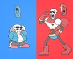  armor black_sclera bone gloves glowing glowing_eye grin hood joy-con monster_boy multiple_boys nabe_ut nintendo nintendo_switch papyrus_(undertale) sans scarf skeleton slippers smile undertale 