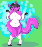  2017 anthro belly big_breasts black_hair bow breasts cat cute digital_media_(artwork) featureless_breasts feline female fur hair happy kandi looking_at_viewer lotusaur mammal nude one_eye_closed open_mouth overweight purple_fur simple_background smile solo standing white_fur wink 