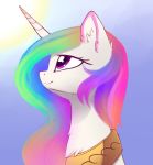  equine eyelashes female feral friendship_is_magic fur gradient_background hair hi_res hooves horn inner_ear_fluff magnaluna mammal multicolored_hair my_little_pony pink_hair princess_celestia_(mlp) purple_eyes simple_background sitting smile solo unicorn unicorn_horn white_fur 