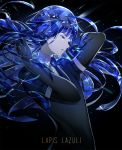  androgynous blue_eyes blue_hair character_name elbow_gloves expressionless gem_uniform_(houseki_no_kuni) gloves highres houseki_no_kuni kiyo_(chaoschyan) lapis_lazuli_(houseki_no_kuni) long_hair looking_down necktie puffy_short_sleeves puffy_sleeves short_sleeves solo sparkle 