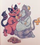  &lt;3 2017 3_toes 4_fingers anthro belly big_belly black_fur black_nose blue_fur blush claws duo eating feline food force_feeding forced fur hi_res kneeling luxio malasada male mammal markings multicolored_fur nintendo nude open_mouth overweight pok&eacute;mon pok&eacute;mon_(species) raccoonkind red_fur simple_background smile stripes teeth toes torracat traditional_media_(artwork) two_tone_fur video_games weight_gain yellow_eyes yellow_pupils yellow_sclera 