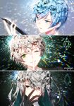  ainchase_ishmael al_bhed_eyes apostasia_(elsword) arme_thaumaturgy_(elsword) blue_eyes blue_hair crystal_hair elsword empty_eyes erbluhen_emotion_(elsword) expressionless gem gem_uniform_(houseki_no_kuni) gloves green_eyes grey_hair hair_over_one_eye houseki_no_kuni index_finger_raised jewelry long_hair multiple_boys multiple_persona myoya one_eye_closed parody short_hair single_earring smile sparkle sword weapon 