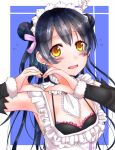  apron bangs blue_hair blush commentary_request detached_collar detached_sleeves double_bun earrings eyebrows_visible_through_hair hair_ornament heart heart_hands highres jewelry long_hair looking_at_viewer love_live! love_live!_school_idol_project maid maid_apron maid_headdress mogyutto_&quot;love&quot;_de_sekkin_chuu! open_mouth sae_(scux2547) simple_background solo sonoda_umi upper_body yellow_eyes 