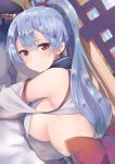  1girl absurdres arms_up bangs bare_shoulders bed_sheet blue_hair blush bow breasts brown_eyes closed_mouth commentary_request dutch_angle dyson_(edaokunnsaikouya) eyebrows_visible_through_hair fate/grand_order fate_(series) hair_between_eyes hair_ribbon high_ponytail highres large_breasts looking_at_viewer looking_to_the_side lying on_stomach own_hands_together ponytail red_bow red_ribbon ribbon shoulder_cutout sideboob sidelocks smile solo tomoe_gozen_(fate/grand_order) 