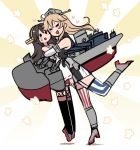  american_flag_legwear bare_shoulders blonde_hair blush_stickers brown_hair closed_eyes commentary glomp haruna_(kantai_collection) headgear heart hug iowa_(kantai_collection) kantai_collection leaning_forward leg_up lifting_person long_hair multiple_girls open_mouth shadow smile solid_circle_eyes sunburst sweatdrop terrajin thighhighs 