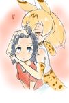  animal_ears bare_shoulders black_hair blonde_hair blush closed_eyes ei_(ss4) elbow_gloves eyebrows_visible_through_hair gloves hand_in_another's_hair heart highres kaban_(kemono_friends) kemono_friends multicolored_hair multiple_girls serval_(kemono_friends) serval_ears serval_print shirt short_hair skirt t-shirt vest yuri 