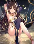 anklet armlet armpits arms_behind_head arms_up asymmetrical_legwear asymmetrical_sleeves bangs bare_shoulders barefoot black_ribbon breasts brown_hair bug butterfly commentary_request crown earrings elbow_gloves fate/grand_order fate_(series) gloves hair_ribbon heavenly_boat_maanna highres hoop_earrings insect ishtar_(fate/grand_order) jewelry long_hair long_legs looking_at_viewer medium_breasts neck_ring parted_bangs parted_lips red_eyes reflection ribbon rin_yuu signature single_elbow_glove single_thighhigh sitting solo thighhighs toeless_legwear two_side_up 