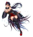  :d absurdres artist_name bad_anatomy bare_shoulders black_hair black_legwear blush breasts brown_eyes cleavage dated detached_sleeves full_body hand_up high_heels highres large_breasts looking_at_viewer open_mouth original pointy_ears red_footwear smile thighhighs tikeworld twintails wide_sleeves 