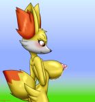  2018 anthro anthrofied big_breasts blush breasts chameloshi ear_tuft erect_nipples female fennekin fur gradient_background lactating milk nintendo nipples nude orange_fur pok&eacute;mon pok&eacute;mon_(species) pok&eacute;morph red_eyes signature simple_background solo tuft video_games white_fur yellow_fur 