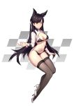  1girl absurdres animal_ears arm_support atago_(azur_lane) azur_lane bikini black_bikini black_hair breasts brown_eyes brown_legwear cleavage extra_ears full_body heels high_heels highres invisible_chair kid_yishoupi large_breasts logo long_hair looking_at_viewer mole mole_under_eye race_queen shrug_(clothing) sitting smile solo swimsuit swimsuits thighhighs two-tone_bikini white_background white_footwear wolf_ears wrist_cuffs 