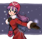  breasts commentary_request dragon_quest dragon_quest_ii hat hood hood_up long_hair long_sleeves looking_at_viewer medium_breasts minami_(mnm-kyk) princess princess_of_moonbrook purple_hair solo standing 