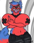  anthro big_breasts breasts canine clothed clothing eda female huge_breasts looking_at_viewer mammal middle_finger nipple_tape one_eye_closed pasties shirt_up slightly_chubby smile solo tape thick_thighs tongue tongue_out wink 