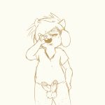  2015 anthro balls black_nose bottomless bovine cattle clothed clothing diphallism erection hi_res horn humanoid_penis jack_hudson leg_hair looking_at_viewer male mammal monochrome multi_penis one_eye_closed open_mouth penis pubes rubbing_eyes sepia shirt simple_background sketch solo sprocket_(artist) standing sweat tired white_background young 