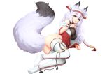  animal_ears ass bangs barbariank blue_eyes blush breasts commentary covered_nipples eyebrows_visible_through_hair fluffy fox_ears fox_girl fox_tail full_body hair_between_eyes headdress japanese_clothes large_breasts long_hair long_sleeves looking_at_viewer lying mole mole_under_eye no_shoes off_shoulder on_side open_mouth original solo tail thighhighs transparent_background white_hair white_legwear wrist_cuffs 