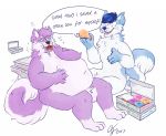  ! 2017 anthro belly big_belly black_nose blue_fur blue_hair blue_nose canine dialogue digital_drawing_(artwork) digital_media_(artwork) dog doughnut duo ear_piercing eating english_text food frosting fur hair hi_res husky hybrid hypnosis male mammal markings mind_control multicolored_fur multicolored_tail nude open_mouth overweight piercing purple_fur raccoonkind simple_background sky_(xenonwolf) smile speech_bubble spiral_eyes teeth text two_tone_fur weight_gain white_background white_fur wintie_snowflake wolf 