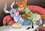  2016 anthro beverage canine caught controller disney food fox judy_hopps lagomorph looking_at_viewer mammal nick_wilde popcorn q_taro rabbit remote_control soda sofa sweat sweatdrop zootopia 