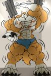  anthro bulge canine clothed clothing eda exercise hyper hyper_muscles looking_at_viewer male mammal muscular muscular_male solo standing tight_clothing torn_clothing weightlifting workout 