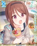  artist_request bag brown_hair camisole card_(medium) cookie crepe cygames feeding food fruit hairband handbag ice_cream kashiwazaki_shiori official_art princess_connect! strawberry sweater takoyaki 