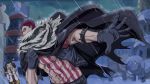  abs aqua_eyes arm_tattoo armlet bare_chest black_cape black_gloves black_hair black_vest blank_eyes cape charlotte_katakuri chest chest_tattoo covered_mouth facial_hair from_side gloves highres living_(pixiv5031111) long_sleeves looking_at_viewer male_focus multiple_boys muscle night one_piece open_clothes open_mouth open_vest outdoors outstretched_arm pants purple_hair rain scar scarf scarf_over_mouth shirtless short_hair solo_focus sparkle spikes standing stitches stomach stomach_tattoo tattoo unzipped upper_body vest white_scarf wind zipper 