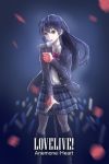  anemone_heart blazer blue_hair bow bowtie commentary_request eyebrows_visible_through_hair flower futonchan hair_between_eyes holding holding_flower jacket long_hair long_sleeves love_live! love_live!_school_idol_project microphone microphone_stand music open_mouth otonokizaka_school_uniform plaid plaid_skirt pleated_skirt red_neckwear school_uniform singing skirt solo sonoda_umi standing striped striped_neckwear text_focus yellow_eyes 