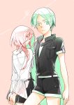  alternate_costume androgynous arms_behind_back contemporary green_eyes green_hair houseki_no_kuni long_hair looking_at_viewer multiple_others overalls phosphophyllite red_eyes red_hair shinsha_(houseki_no_kuni) shizaki_asuka short_hair shorts skirt 