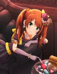  1boy applying_makeup blus blush bracelet brown_hair colarbone crossdressing dress earrings gloves green_eyes hat idolmaster idolmaster_side-m jaki_(n34k) jewelry long_hair makeup male_focus mizushima_saki necklace smile solo_focus trap twintails 