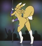  anthro blue_eyes butt canine digimon female feretta flat_chested fur group mammal nude pole pussy rear_view renamon solo_focus stage stripper_pole white_fur yellow_fur 