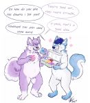  ... 2017 anthro black_nose blue_fur blue_hair blue_nose canine dialogue digital_drawing_(artwork) digital_media_(artwork) dog doughnut duo eating english_text food frosting fur hair hi_res husky hybrid male mammal markings multicolored_fur multicolored_tail nude open_mouth purple_fur raccoonkind simple_background sky_(xenonwolf) slightly_chubby smile speech_bubble teeth text two_tone_fur weight_gain white_background white_fur wintie_snowflake wolf 