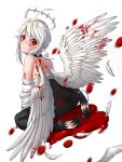  ahoge angel_wings artist_name bare_shoulders black_legwear blood bloody_wings choker crying dated feathers feet halo highres looking_at_viewer original pointy_ears pool_of_blood red_eyes sitting soles solo tikeworld white_hair white_wings wings 