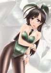  animal_ears between_breasts black_eyes black_hair black_neckwear bow bowtie breasts bunny_ears bunny_tail bunnysuit cleavage commentary_request contrapposto cowboy_shot detached_collar dutch_angle girls_und_panzer green_leotard highres iga_tamaki isuzu_hana leotard long_hair looking_at_viewer medium_breasts necktie open_mouth pantyhose solo standing strapless strapless_leotard tail wrist_cuffs zoom_layer 