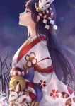  bare_tree bell black_hair blue_eyes dated hair_ornament japanese_clothes jingle_bell kimono lens_flare long_hair looking_to_the_side mask onmyoji outdoors profile sash solo standing tree very_long_hair youzixiaoming yuki_onna_(onmyoji) 