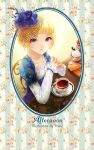  artist_name blonde_hair blue_dress blue_eyes chair cup cupcake dessert dress elbows_on_table english floral_print food fruit hair_ornament hat highres looking_at_viewer original short_hair sitting spoon strawberry table teacup top_hat youzixiaoming 