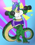  anthro breath bulge clothed clothing eda exercise hair intersex lizard looking_at_viewer muscular muscular_dickgirl muscular_intersex reptile scalie smile solo standing weightlifting wide_hips workout 