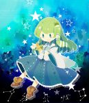  bare_shoulders blue_eyes blue_skirt blush_stickers brown_footwear commentary constellation detached_sleeves frog_hair_ornament green_hair hair_ornament hair_tubes kochiya_sanae long_hair moyo_(amaniwa) ribbon skirt snake_hair_ornament solo star touhou wide_sleeves 