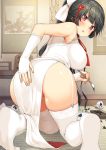  armpit_crease ass azur_lane bangs black_hair body_mahattaya_ginga bow breasts brown_eyes calligraphy_brush commentary_request dress elbow_gloves eyebrows_visible_through_hair fingerless_gloves flower garter_straps gloves hair_flaps hair_flower hair_ornament hand_on_own_ass hips kneeling large_breasts legs long_hair looking_at_viewer looking_back no_shoes open_mouth paintbrush pelvic_curtain ponytail red_ribbon ribbon solo takao_(azur_lane) thighhighs thighs white_bow white_dress white_legwear 