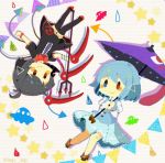  black_dress black_hair black_legwear blue_eyes blue_hair blue_skirt blush_stickers dress geta heterochromia holding holding_umbrella houjuu_nue karakasa_obake long_sleeves moyo_(amaniwa) multiple_girls red_eyes short_hair short_sleeves skirt star string_of_flags tatara_kogasa thighhighs tongue touhou ufo umbrella wristband 