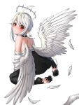  ahoge angel_wings artist_name bare_shoulders black_legwear choker dated feathers feet halo highres looking_at_viewer original pointy_ears red_eyes sitting soles solo tikeworld white_hair white_wings wings 