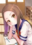  blush brown_eyes brown_hair closed_mouth highres karakai_jouzu_no_takagi-san long_hair looking_at_viewer nigouu pencil school_uniform short_sleeves smile solo takagi-san 