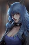  animal_ears artist_name blue_hair blurry blurry_background breasts choker chuby_mi cleavage closed_mouth copyright_request grey_eyes hair_tubes highres jacket large_breasts lips long_hair looking_at_viewer open_clothes open_jacket smile solo upper_body 