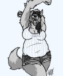  anthro arms_above_head belly big_belly big_breasts breasts canine cleavage clothed clothing eda eyes_closed female fur hair mammal open_mouth simple_background slightly_chubby solo standing yawn 