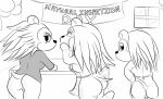  animal_crossing anthro apron balloon banner blush breasts butt clothing female freckles group hedgehog inside labelle_able looking_at_viewer looking_back mabel_able mammal naked_apron nintendo nipples pussy rear_view sable_able side_boob table video_games 