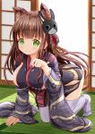  all_fours alternate_costume animal_ears anko_(gochiusa) azur_lane bangs black_kimono blush breasts brown_hair bunny_mask cat_ears character_mask closed_mouth commentary_request cosplay crown day eyebrows_visible_through_hair full_body gochuumon_wa_usagi_desu_ka? green_eyes hair_ornament hand_up highres indoors japanese_clothes kemonomimi_mode kimono large_breasts long_hair long_sleeves mini_crown short_kimono smile solo sunlight thighhighs ujimatsu_chiya very_long_hair white_legwear wide_sleeves yamashiro_(azur_lane) yamashiro_(azur_lane)_(cosplay) zenon_(for_achieve) 