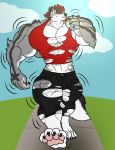  anthro beverage black_nose bulge canine claws clothed clothing eda growth hyper hyper_muscles male mammal muscle_growth muscular muscular_male outside pawpads red_eyes smile solo torn_clothing walking 