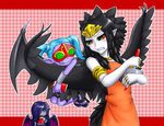  3girls angry apron armband bar bat_wings black_hair blue_hair bow bowl chocolate cooking dress eating emblem fabled_grimro fabled_krus fabled_topi feathers green_eyes hair_ornament holding horns mask mixing necklace orange pale_skin pataryouto purple_hair sandals slippers tiara tongue whisk wings yu-gi-oh! yuu-gi-ou_duel_monsters 