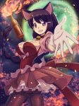  1girl :d animal_ears artist_request bell bell_collar black_hair braid breasts cat_ears collar commentary dress fire fishnet_pantyhose fishnets gloves hanekawa_tsubasa large_breasts long_hair looking_at_viewer magia_record:_mahou_shoujo_madoka_magica_gaiden magical_girl mahou_shoujo_madoka_magica molotov_cocktail monogatari_(series) open_mouth pantyhose purple_eyes smile solo very_long_hair 