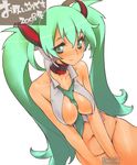  between_breasts bottomless breasts choker cleavage green_eyes green_hair hatsune_miku henreki_san large_breasts long_hair necktie nipple_slip nipples no_panties solo very_long_hair vocaloid 